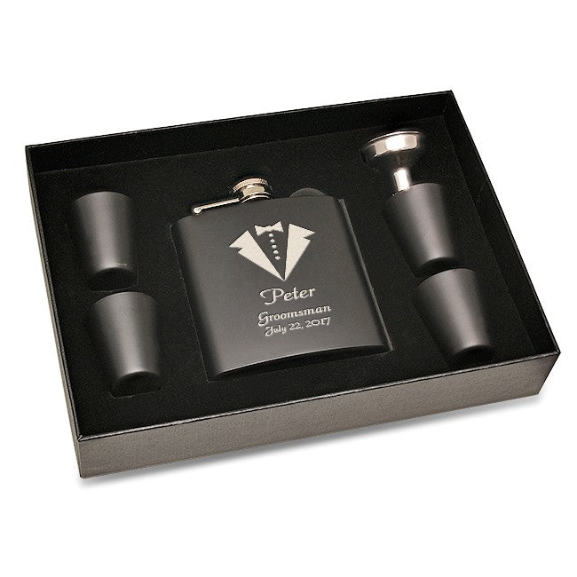 Tuxedo Theme Black Flask Set with Wooden Box