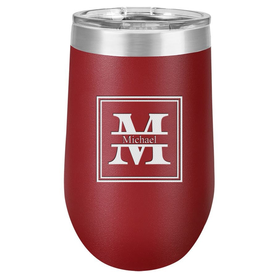 Split Monogram 16 Ounce Maroon Insulated Stemless Wine Glass