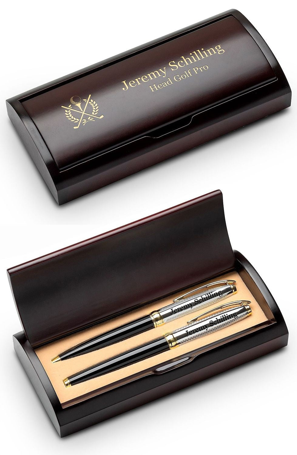 Crossing Golf Clubs Laser Engraved Double Pen Set with Wood Box