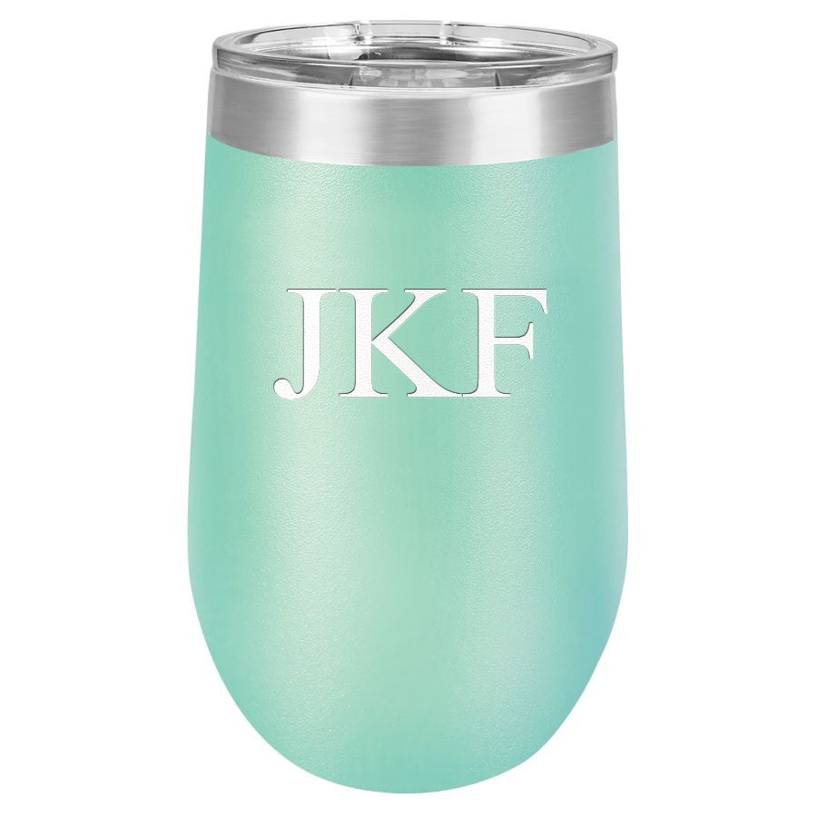 16 Ounce Teal Insulated Stemless Wine Glass with Personalized Initials