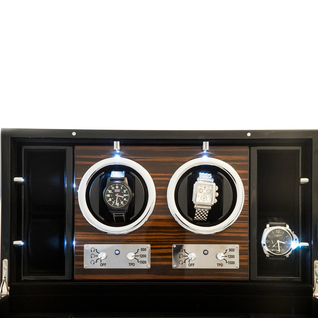 Ebony Burl Wood Two Watch Winder With Glass Face