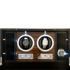 Ebony Burl Wood Two Watch Winder With Glass Face