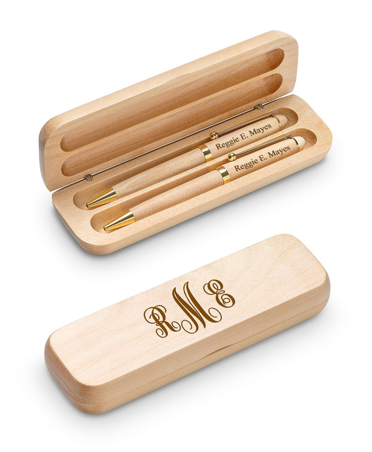 Script Monogram Theme Personalized Maple Wood Double Pen and Box Set