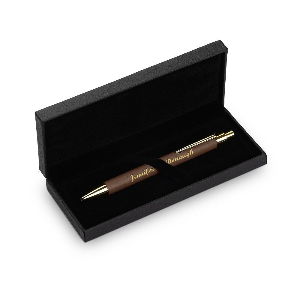 Gold & Rustic Brown Leatherette Click Action Ballpoint Pen - Free Personalization