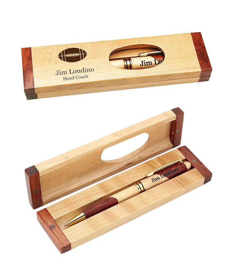 Football Themed Laser Engraved Maple & Rosewood Pen and Box Set