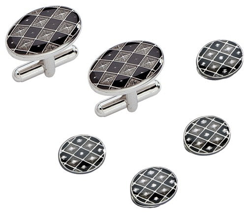 Dolan & Bullock Black & Grey Checkerboard Design Sterling Silver Cufflinks & Studs Set