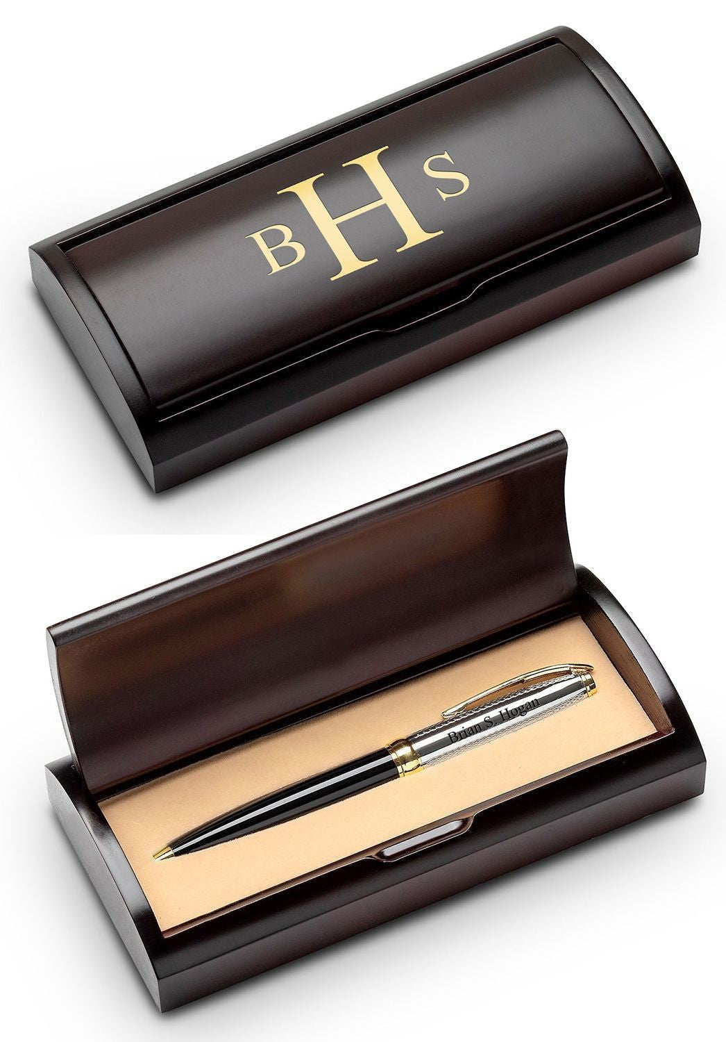 Roman Monogram Black & Gold Ballpoint Pen with Cherry Wood Box
