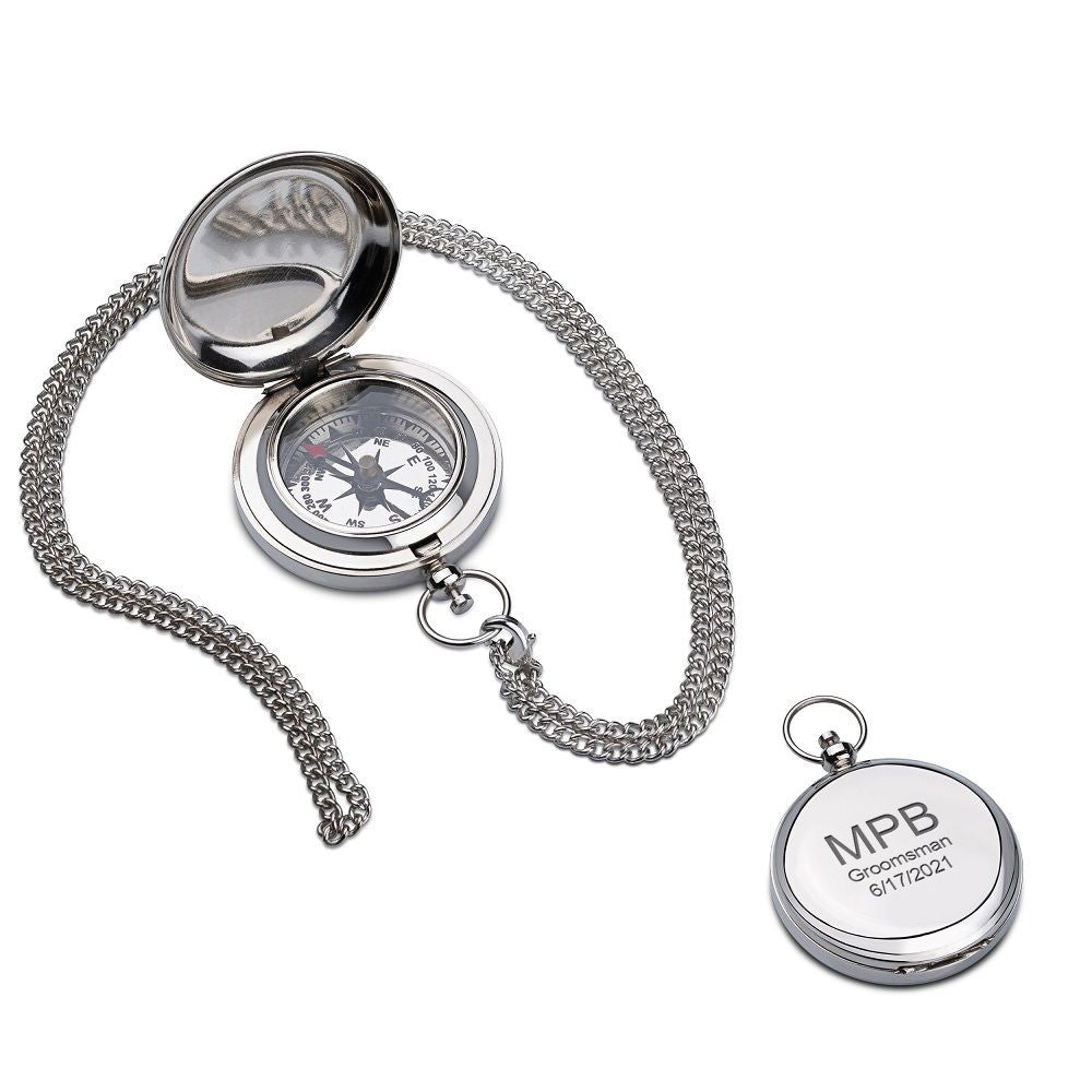 Polished Silver Working Compass with Hanging Chain - Free Engraving