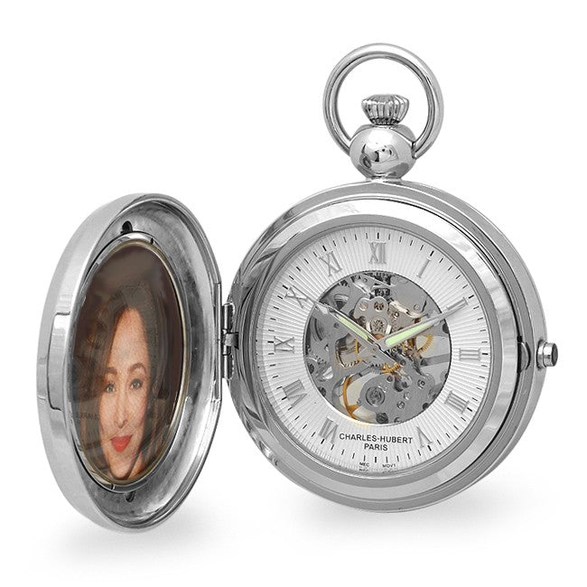 Silver Mechanical Picture Frame Charles Hubert Pocket Watch & Chain #3849 - Executive Gift Shoppe