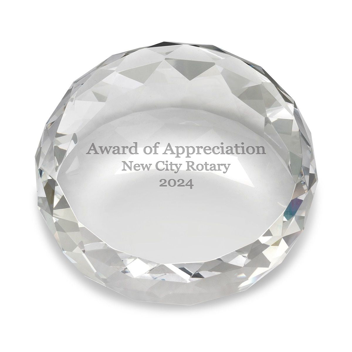 Laser Engraved Uneven Round Paperweight & Desktop Award with Faceted Edges