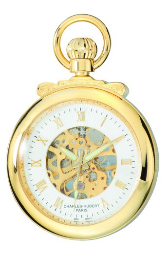 Gold Open-Faced Charles Hubert Pocket Watch & Chain #3903-G - Executive Gift Shoppe