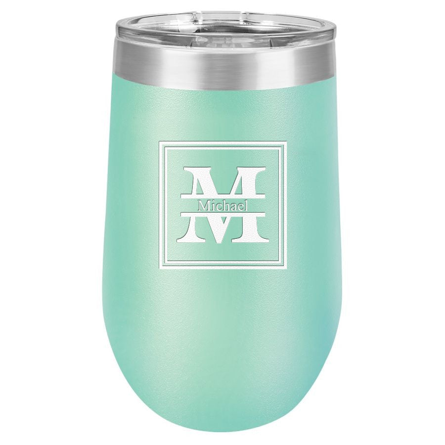 Split Monogram 16 Ounce Teal Insulated Stemless Wine Glass
