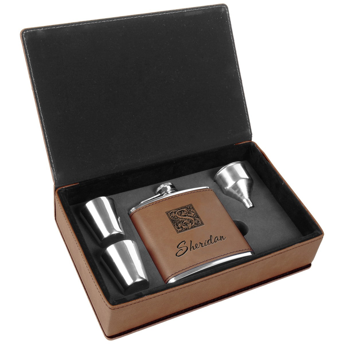 Dark Brown & Black Last Name Monogrammed Flask Set