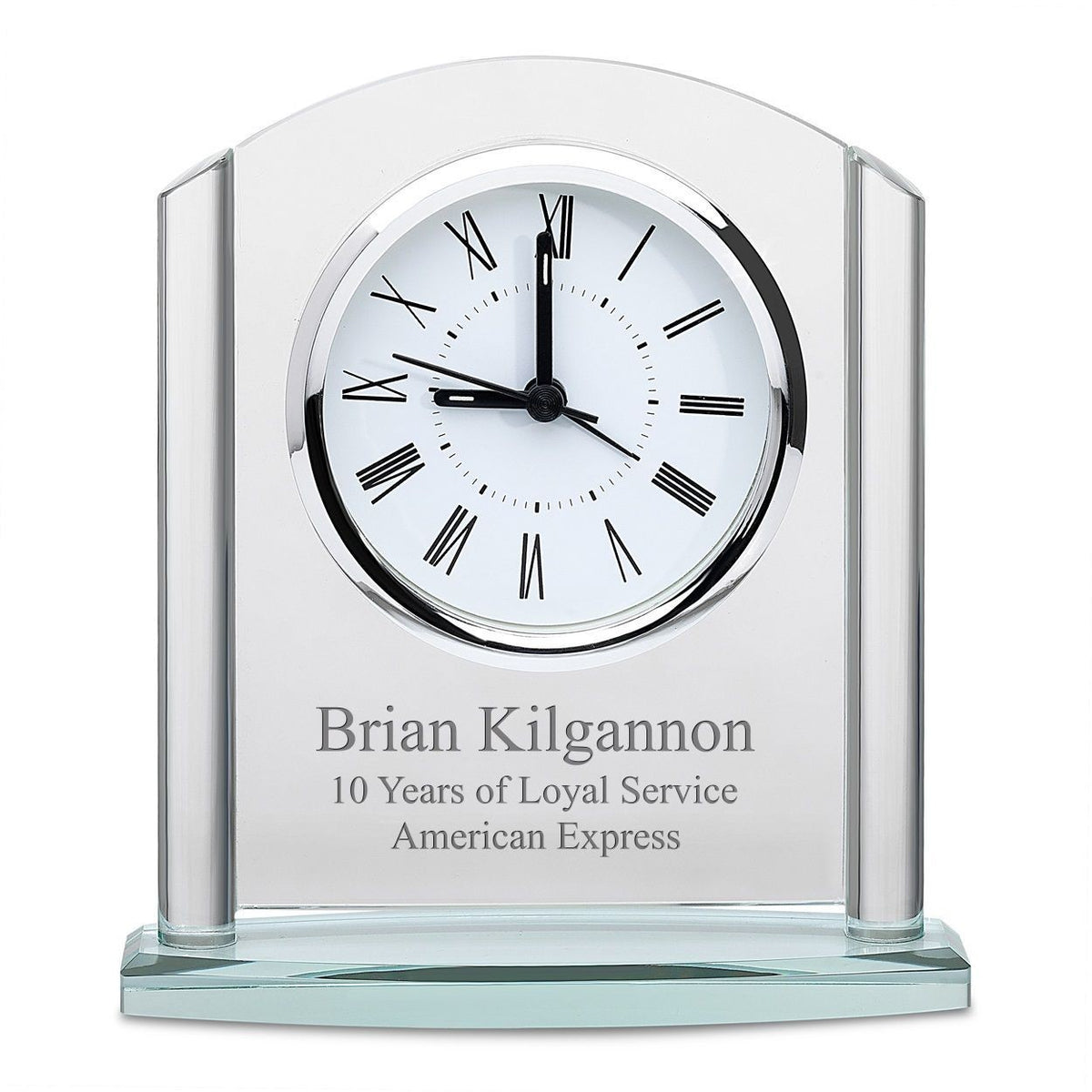 Arched Glass Personalized Desk Clock with Silver Finish Base