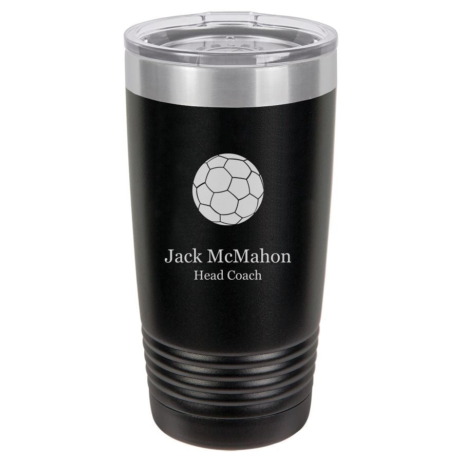 Soccer Themed 20 Ounce Personalized Black Travel Mug