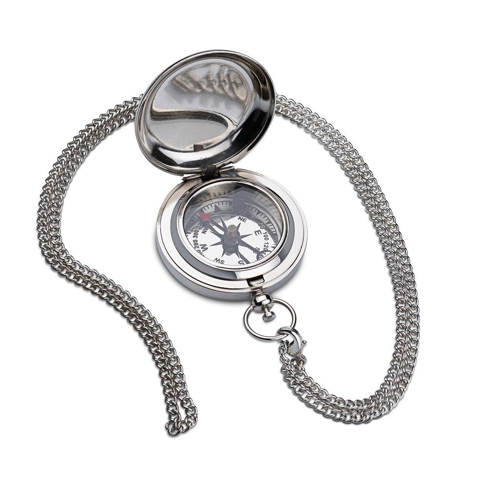 Polished Silver Working Compass with Hanging Chain - Free Engraving