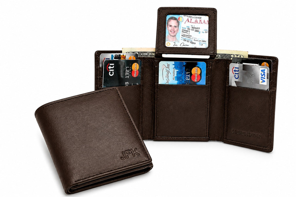 RFID Blocking Brown Leather Trifold Wallet With Flip Up ID Holder