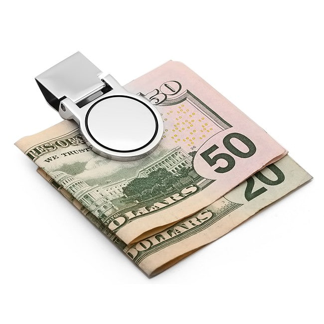 Polished Silver Round Face Engraved Hinged Money Clip - Executive Gift Shoppe