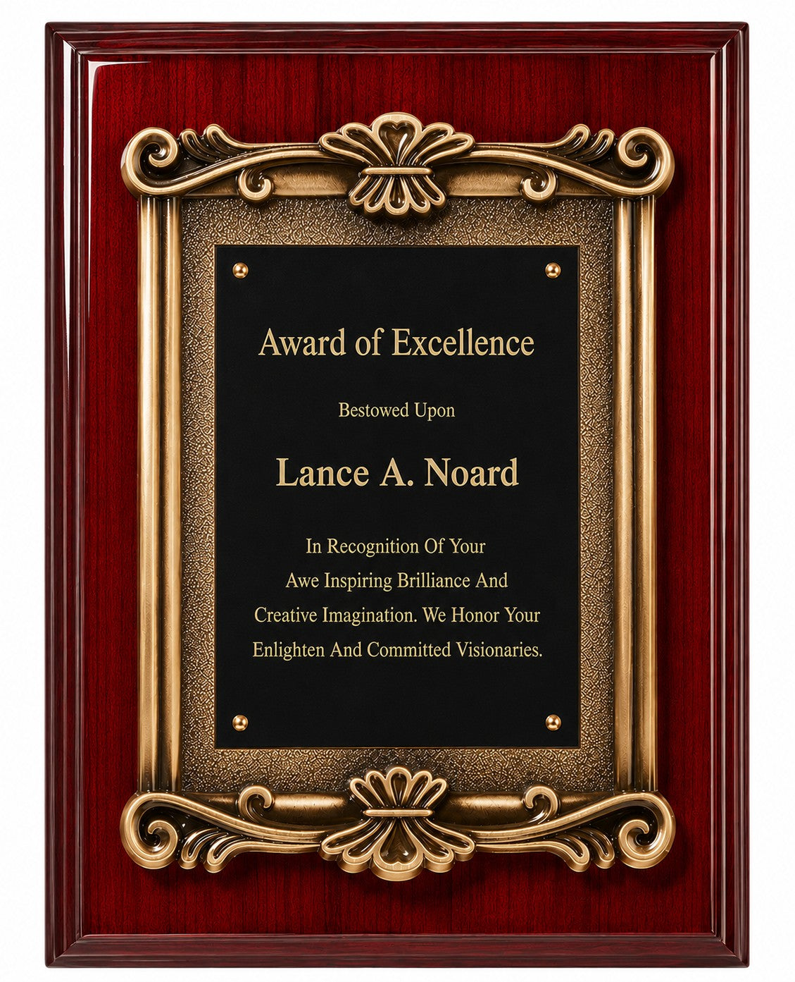 Personalized Rosewood Plaque with Antique Bronze Floral Casting & Engraving Plate