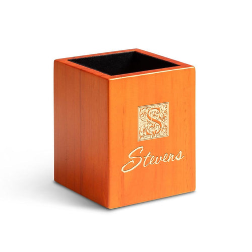 Last Name Monogram Theme Personalized Saddle Finish Wood Pen and Pencil Cup