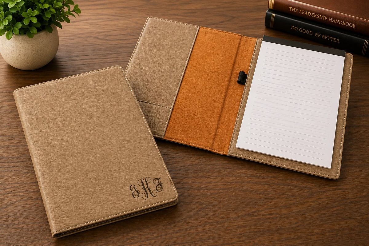 Tan Small Portfolio & Notebook with Script Monogram