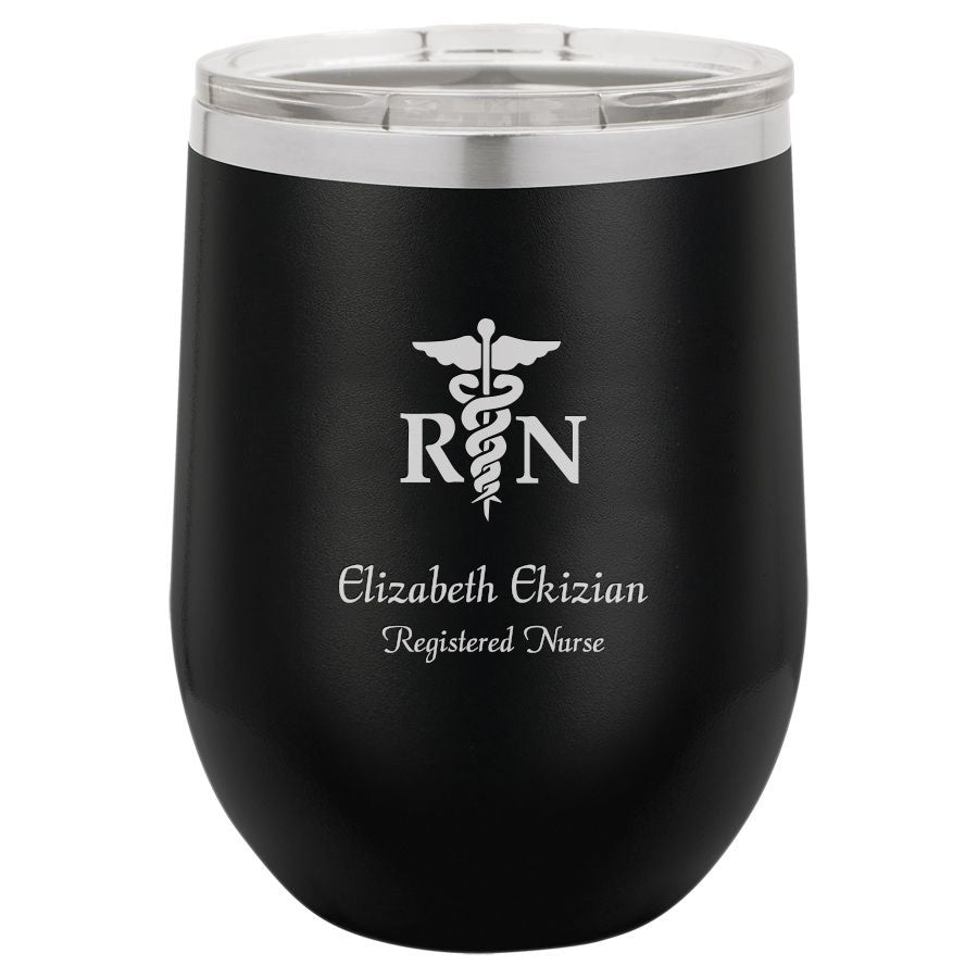Nurse Emblem 12 Ounce Black Insulated Stemless Wine Glass