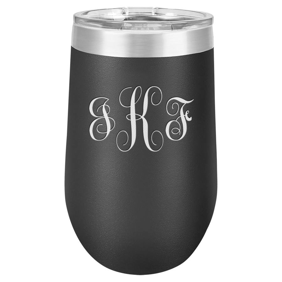 Script Monogram 16 Ounce Black Insulated Stemless Wine Glass