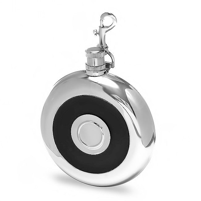 Round Black Leather Flask with Shot Cup - Executive Gift Shoppe