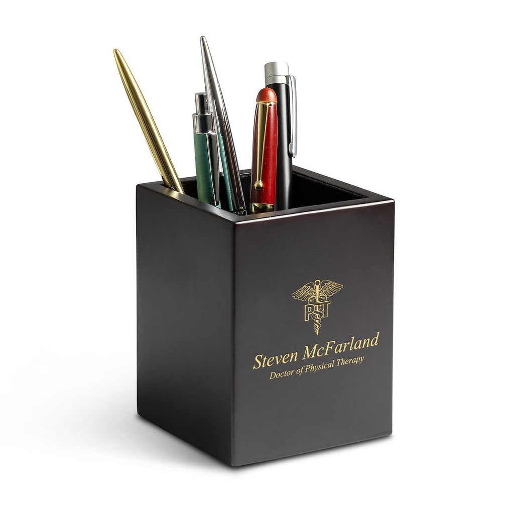 Cherry Finish Wood Physical Therapist Theme Personalized Pen and Pencil Cup