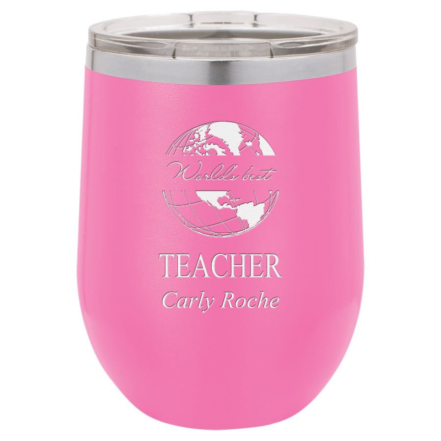 World's Best Teacher Personalized 12 Ounce Pink Insulated Stemless Wine Glass