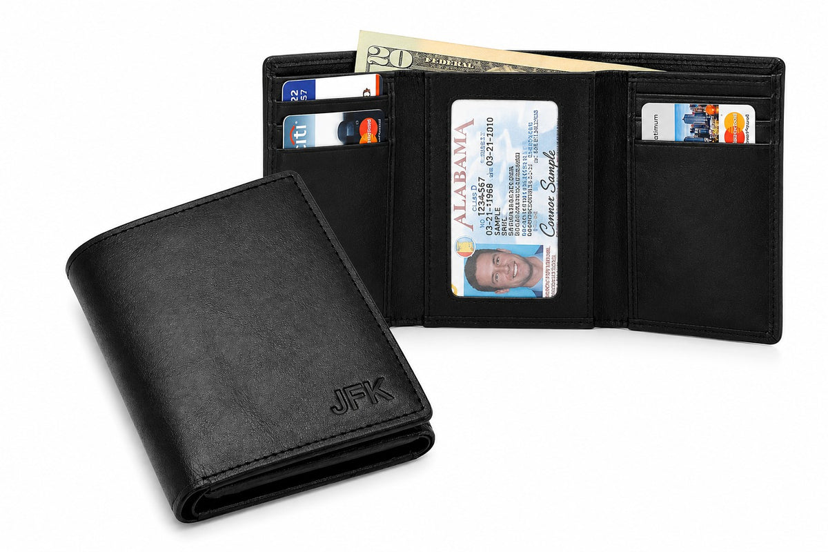 Executive Collection RFID Blocking Black Leather Trifold Wallet with Center ID Window