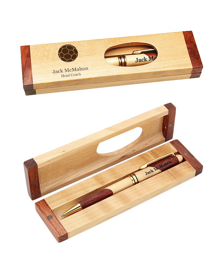 Soccer Themed Laser Engraved Maple & Rosewood Pen and Box Set