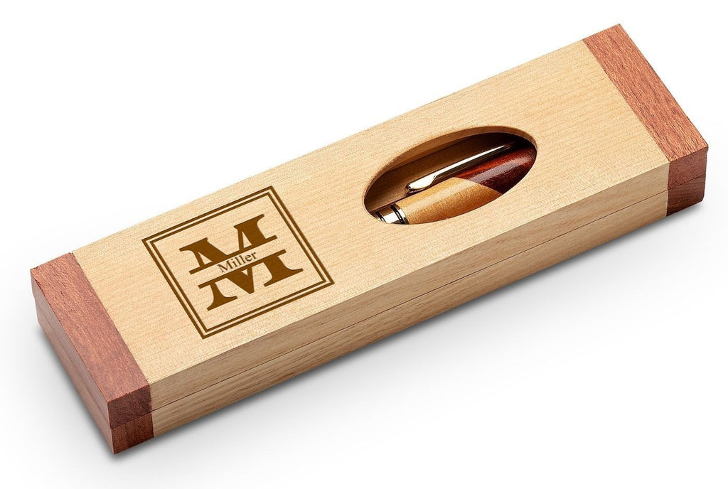 Split Monogram Theme Personalized Maple & Rosewood Engraved Pen and Box