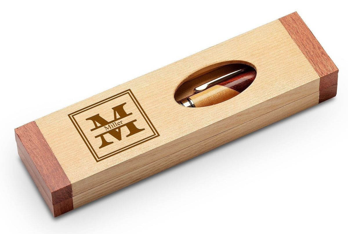 Split Monogram Theme Personalized Maple & Rosewood Engraved Pen and Box