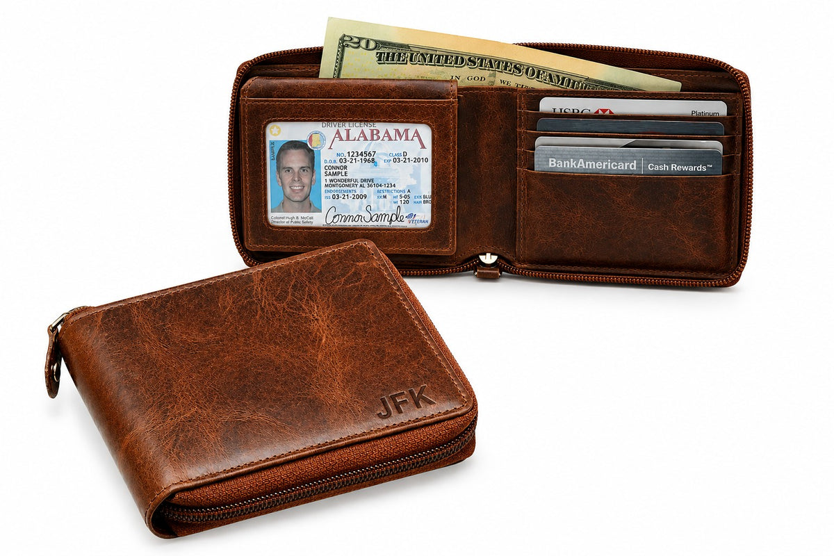 Executive Collection RFID Blocking Brown Leather Zipper Wallet