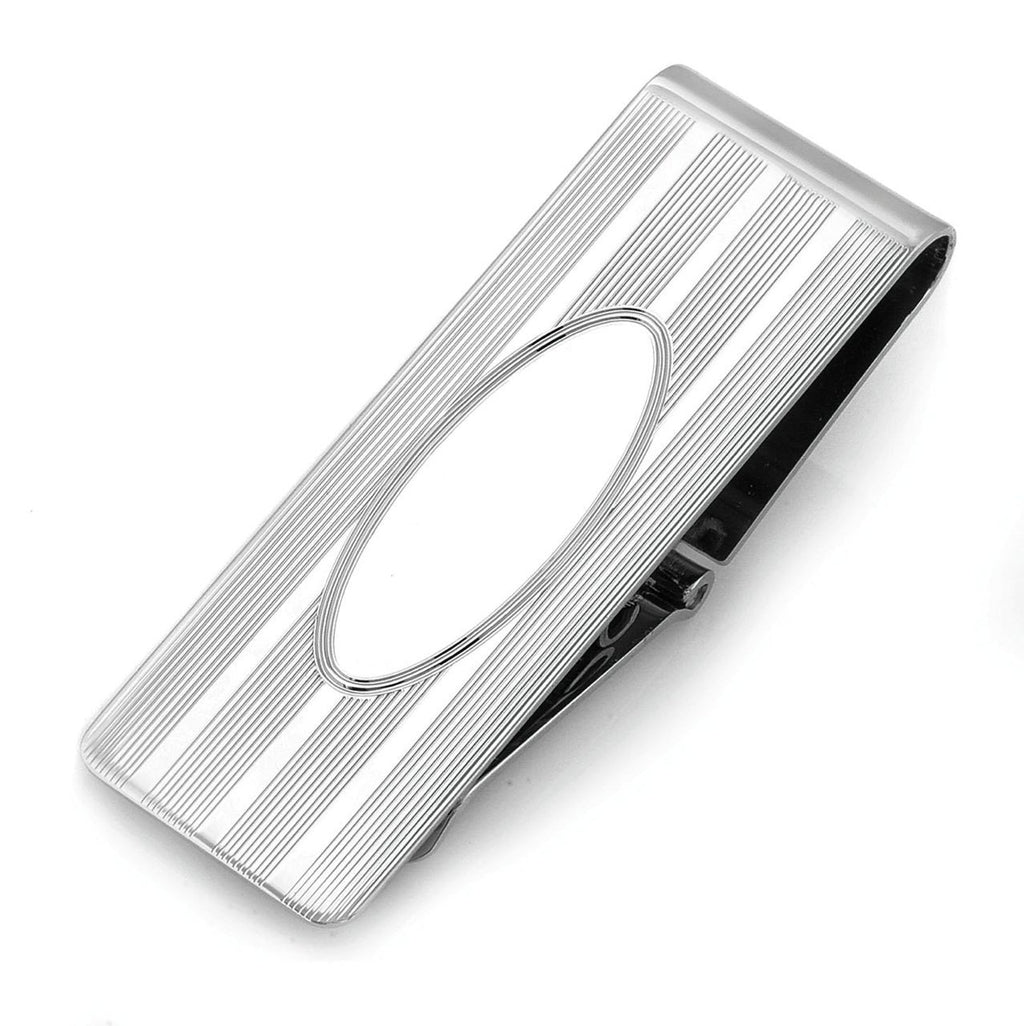 Sterling Silver Engine Turned Hinged Money Clip with Oval Engraving Area - Executive Gift Shoppe