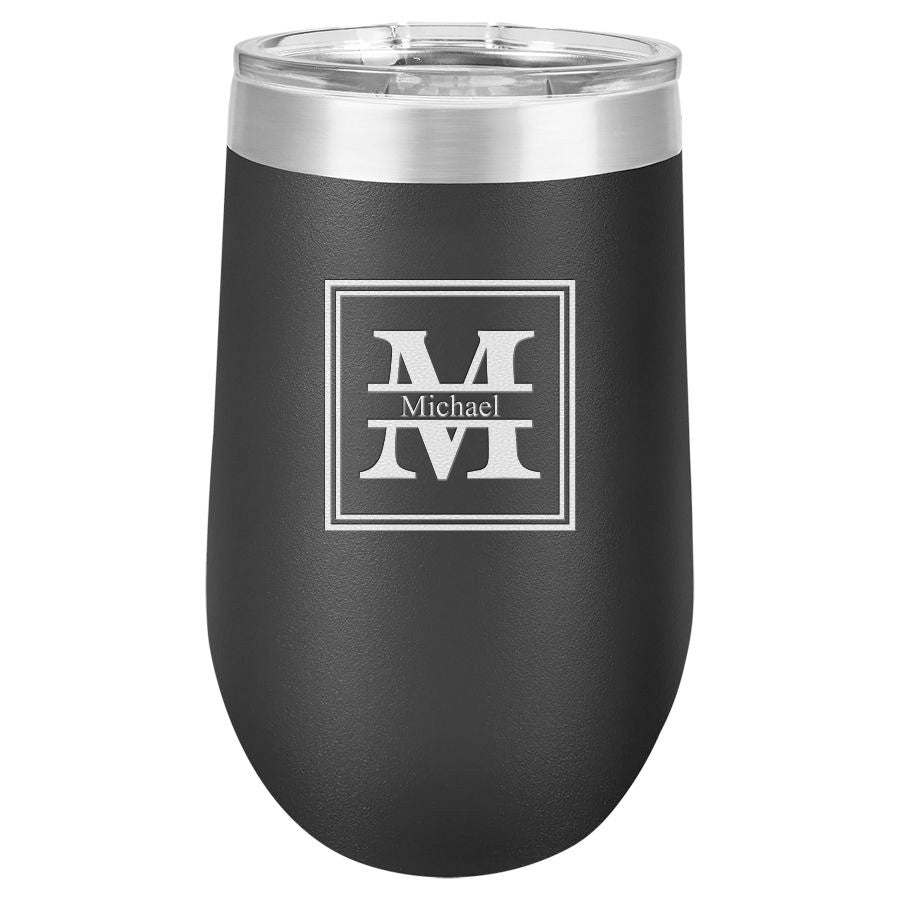 Split Monogram 16 Ounce Black Insulated Stemless Wine Glass