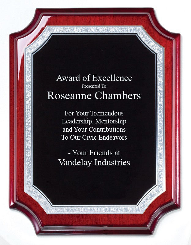 Personalized Beveled Corner Rosewood Plaque With Silver Border