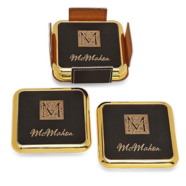 Monogrammed Black And Gold Square Coaster Set