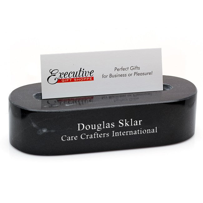 Black Marble Oval Personalized Desktop Business Card Holder - Executive Gift Shoppe
