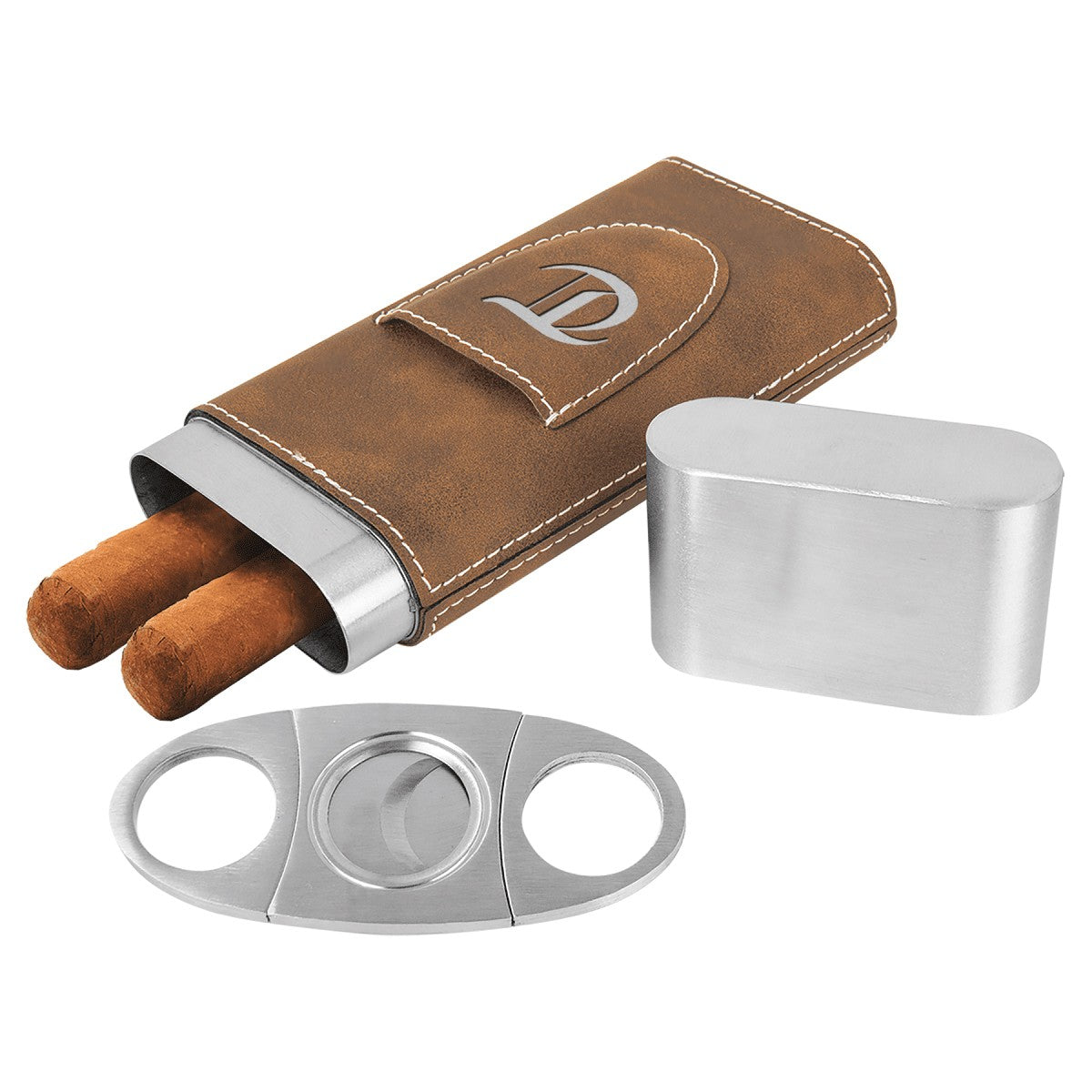 Personalized Steel Cigar Case with Cutter with Rustic Wrap