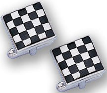 Sterling Silver Eurolinks Enamel Black & White Checkerboard Cuff Links