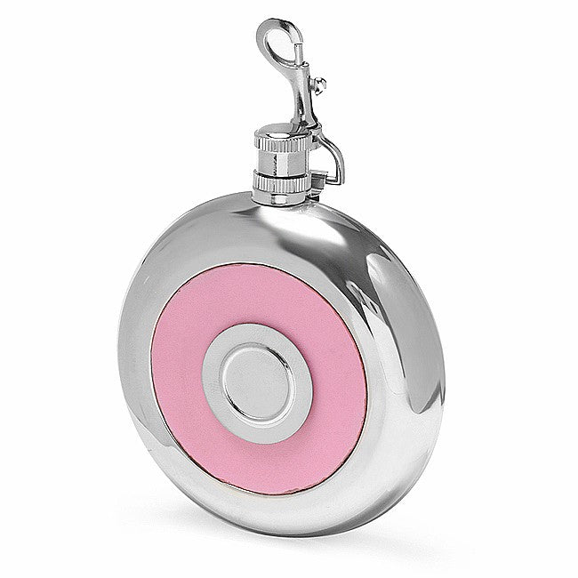 8 Ounce Pink Leather Round Flask with Shot Cup - Executive Gift Shoppe