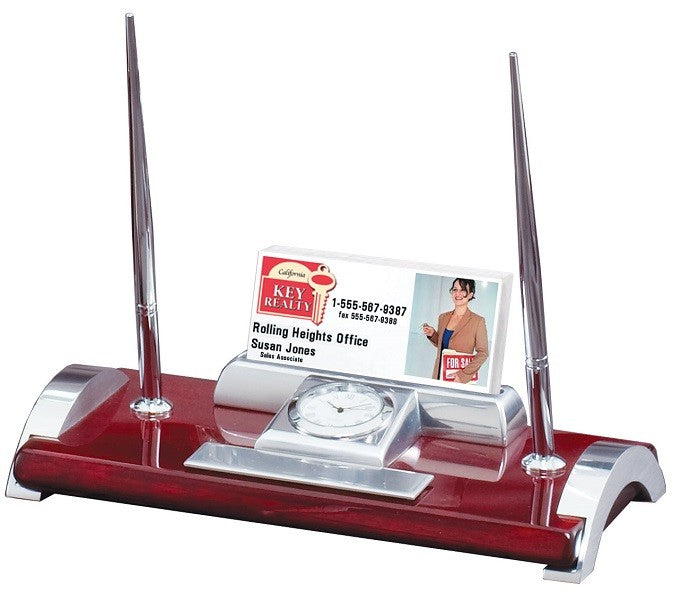Personalized Rosewood & Silver Card Holder Desk Set