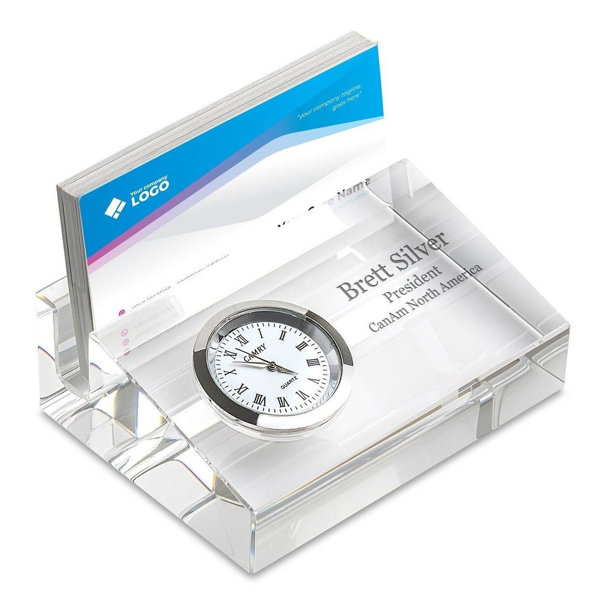 Personalized Crystal Business Card Holder & Desk Clock