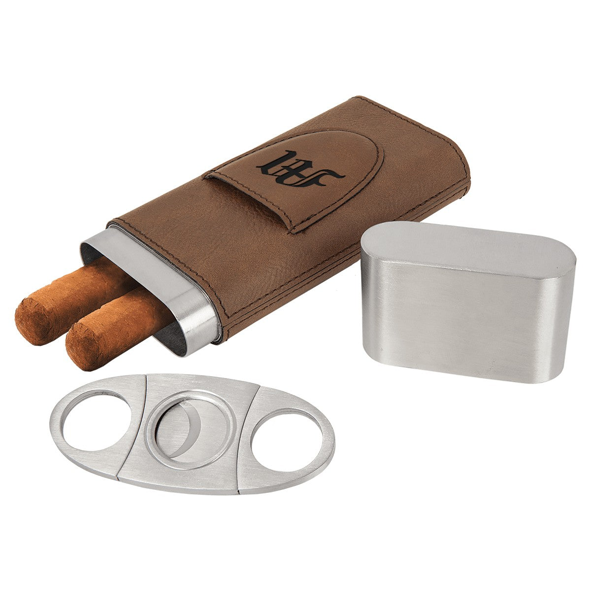 Personalized Steel Cigar Case with Cutter with Dark Brown Wrap