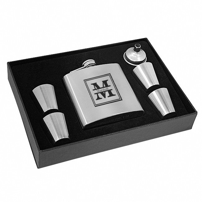 Split Monogram  Steel Flask & Shot Cups Gift Set - Free Engraving