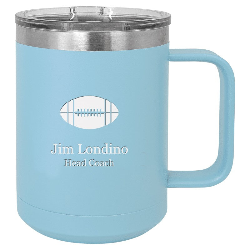 Football Themed Light Blue Personalized Insulated Coffee Mug