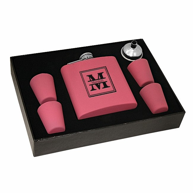 Split Monogram  Pink Flask & Shot Cups Gift Set - Free Engraving