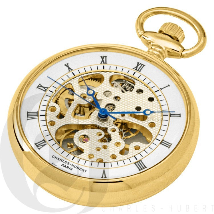 Gold Open Face Charles Hubert Pocket Watch & Chain #3801 - Executive Gift Shoppe